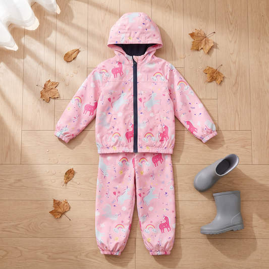 Kinder-Outdoorset aus Jacke und Hose flach ausgelegt neben Gummistiefeln