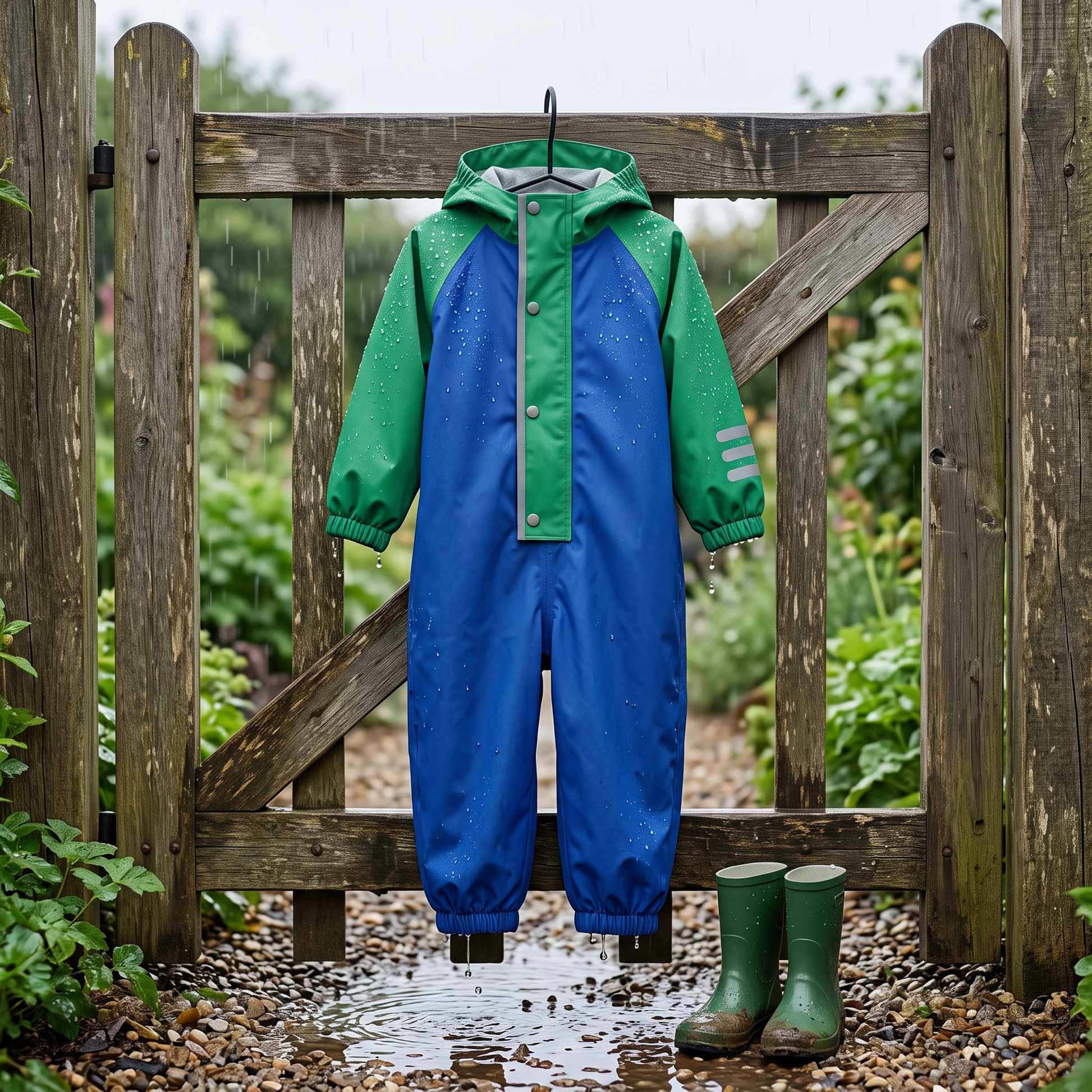 Blau-grüner Kinder-Regenoverall hängt nass am Gartentor über den Gummistiefeln