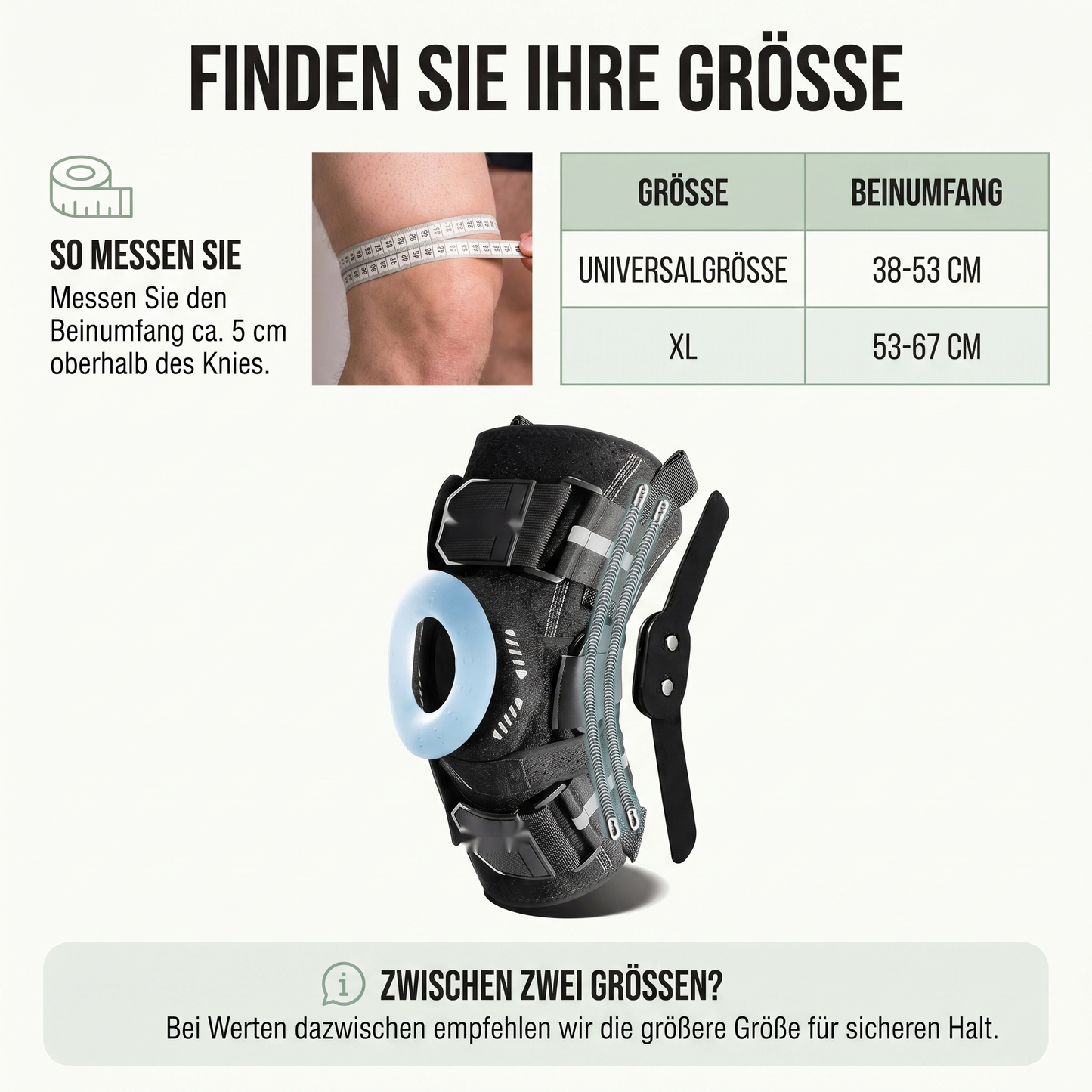 Kniebandage - Federstützen für Meniskus-Halt - Silikon-Patellakissen - Groessentabelle und Anwendung