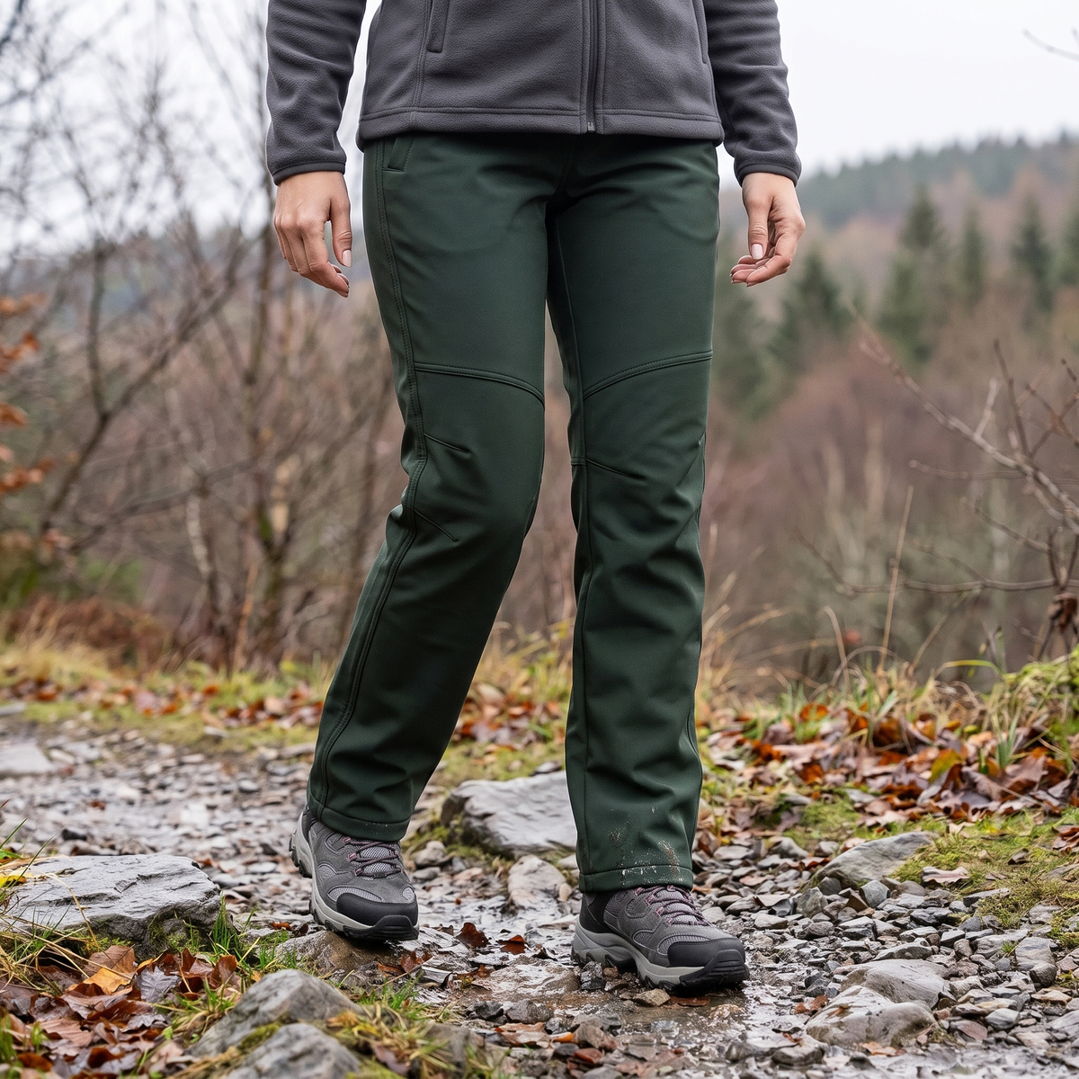 Wanderhose Damen in Dunkelgrün beim Wandern auf einem nassen Waldweg im Spätherbst