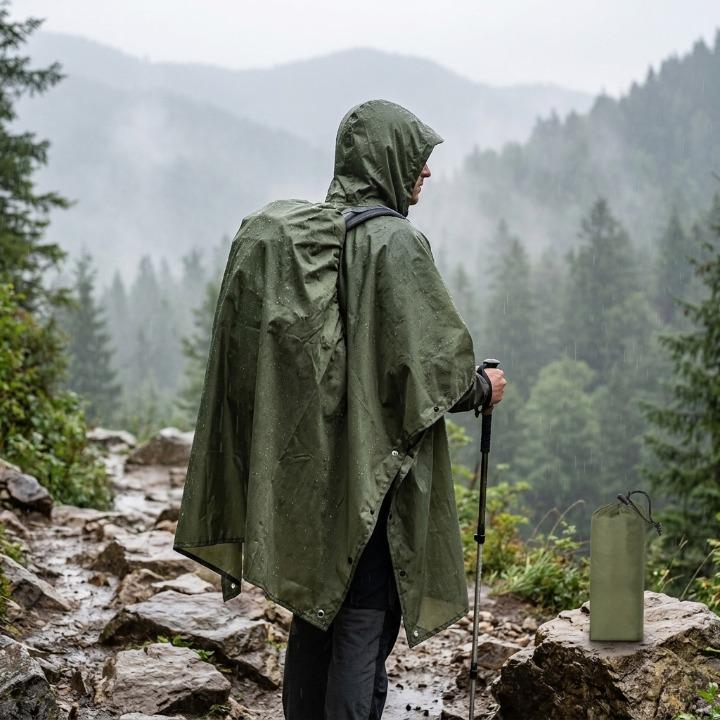 Regenponcho wasserdicht mit Kapuze - 3-in-1 Poncho, Tarp & Schlafsackschutz