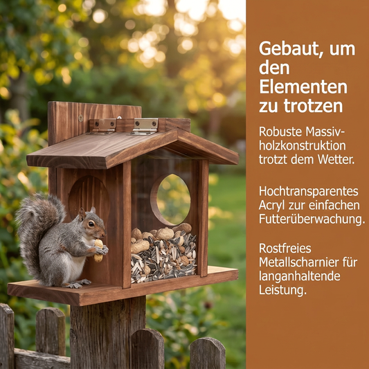 Eichhörnchen Futterhaus Eiche - Nussspender mit Mais- & Apfelhalter