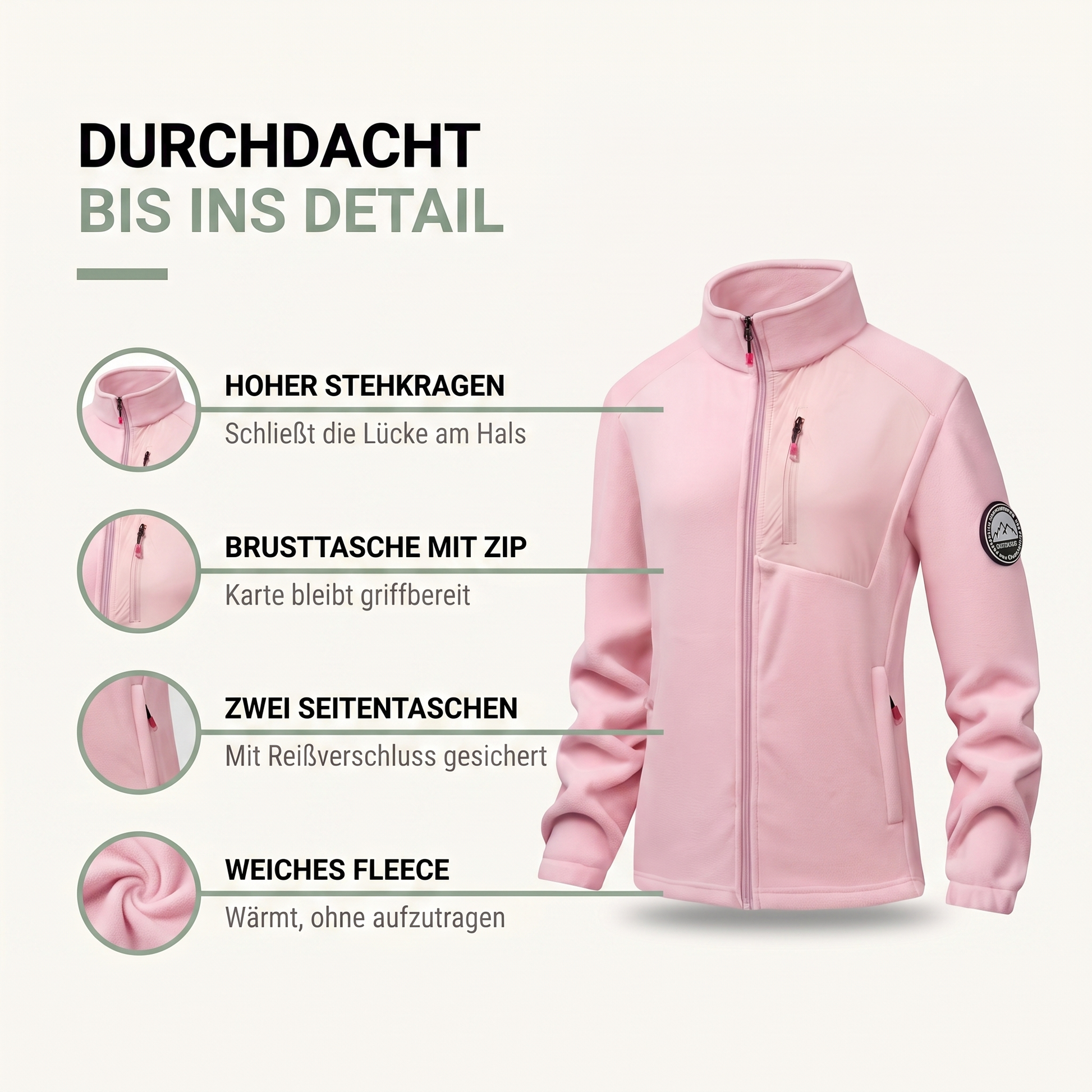 Fleecejacke Damen - Stehkragen mit Reißverschluss - Drei Reißverschlusstaschen