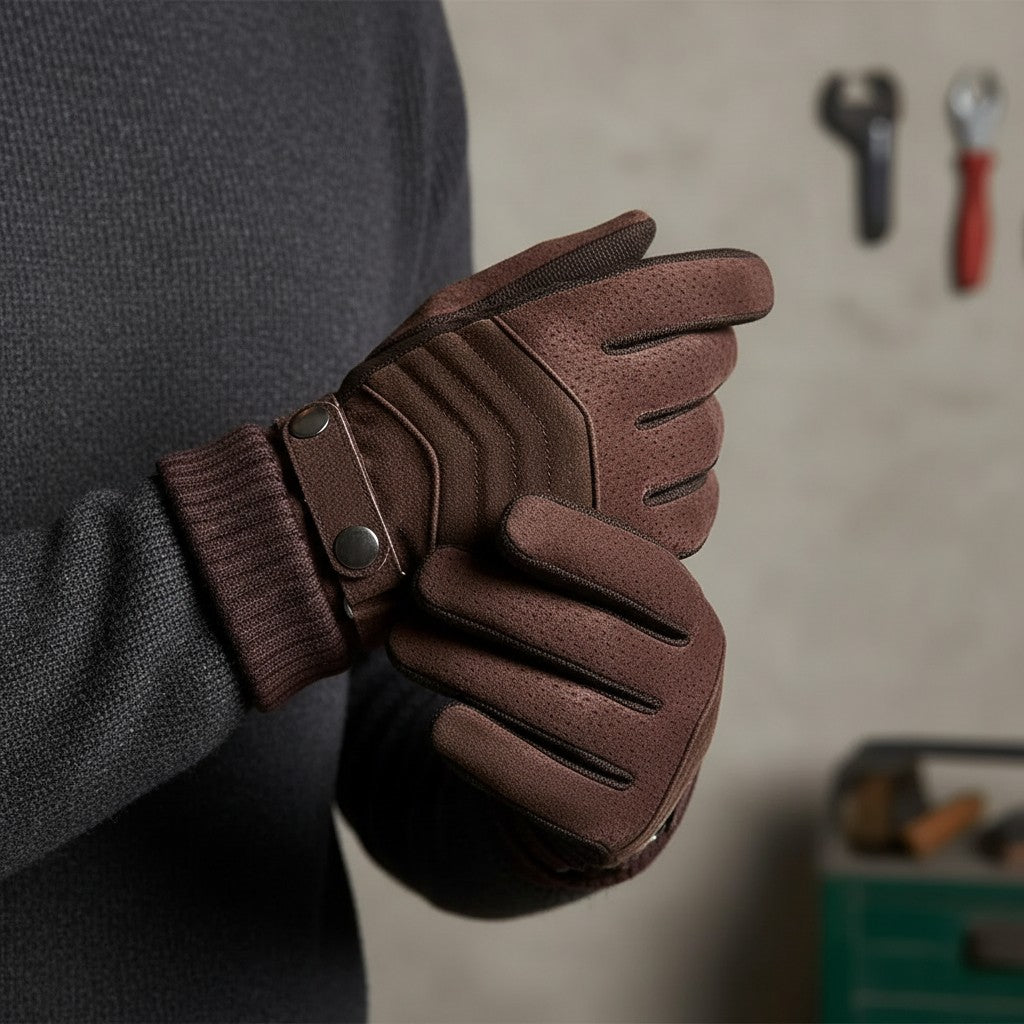 Warme Winterhandschuhe Herren in Braun beim Anziehen in der Werkstatt