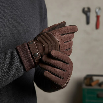 Warme Winterhandschuhe Herren in Braun beim Anziehen in der Werkstatt