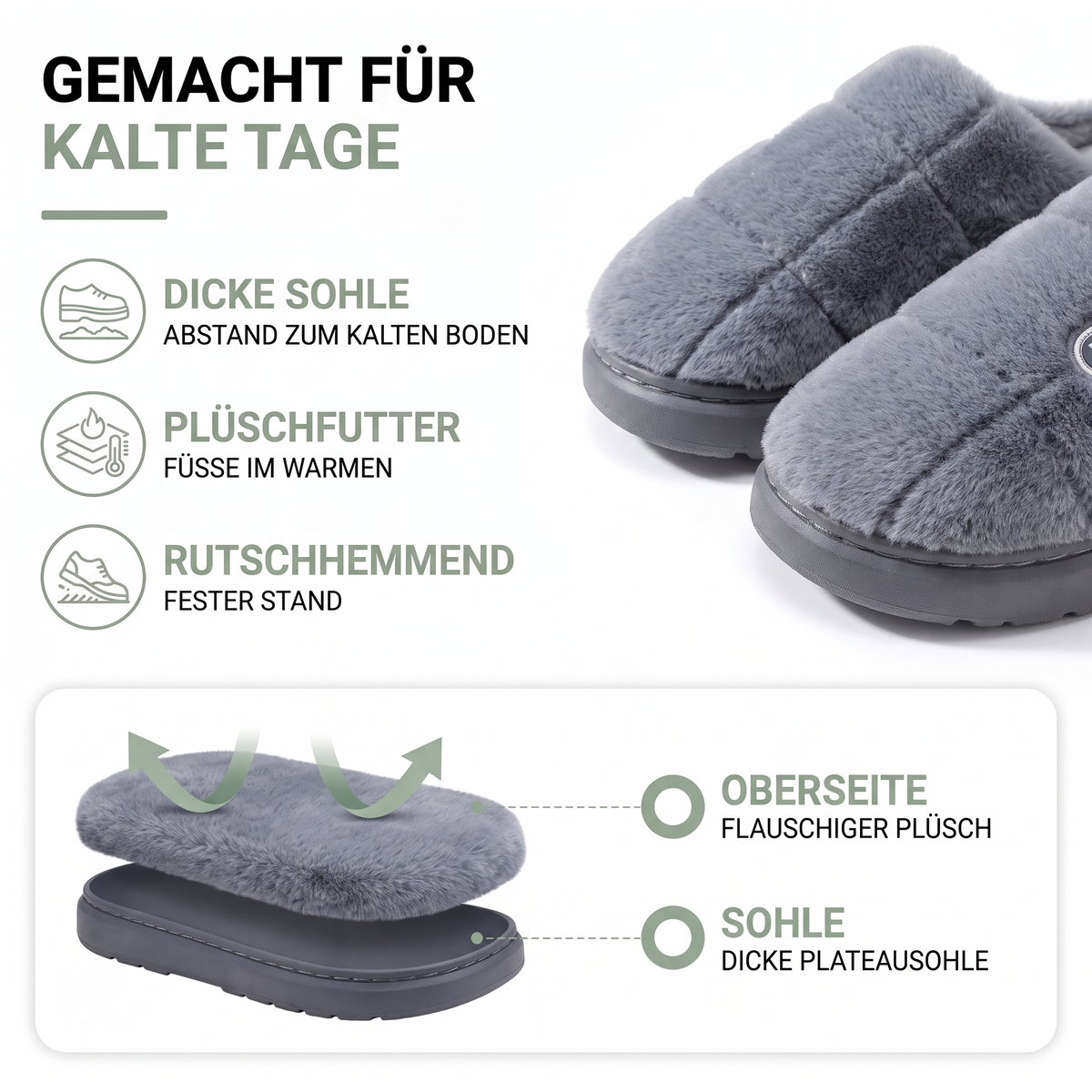 Hausschuhe Winter - dicke Sohle - warmes Plüschfutter