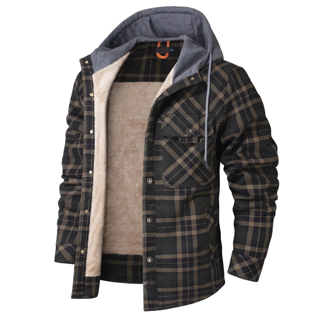 Flanelljacke Herren kariert mit Kapuze und Sherpa-Futter
