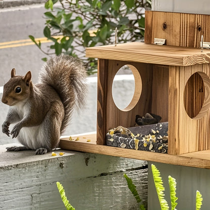 Eichhörnchen Futterhaus Holz - Mit Sichtfenster & zwei Öffnungen