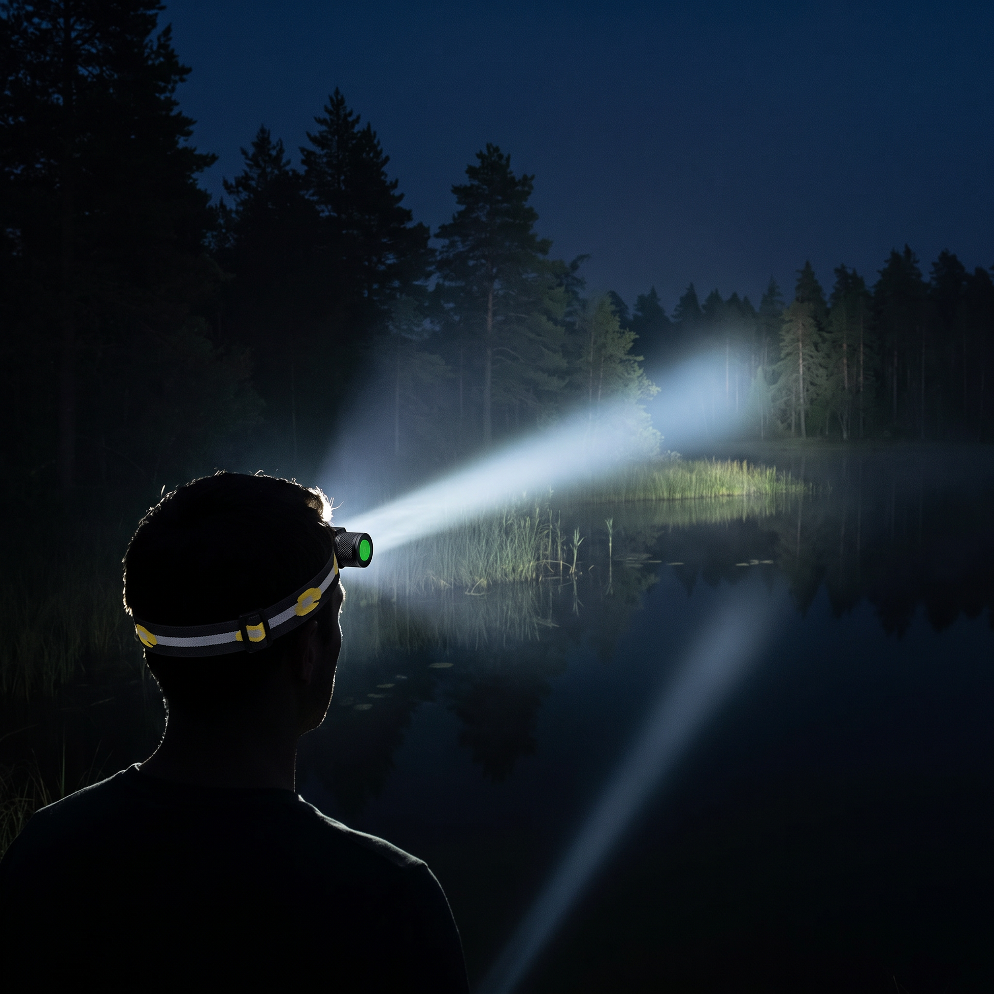 Lichtkegel der Stirnlampe reicht nachts über einen See bis zum gegenüberliegenden Ufer