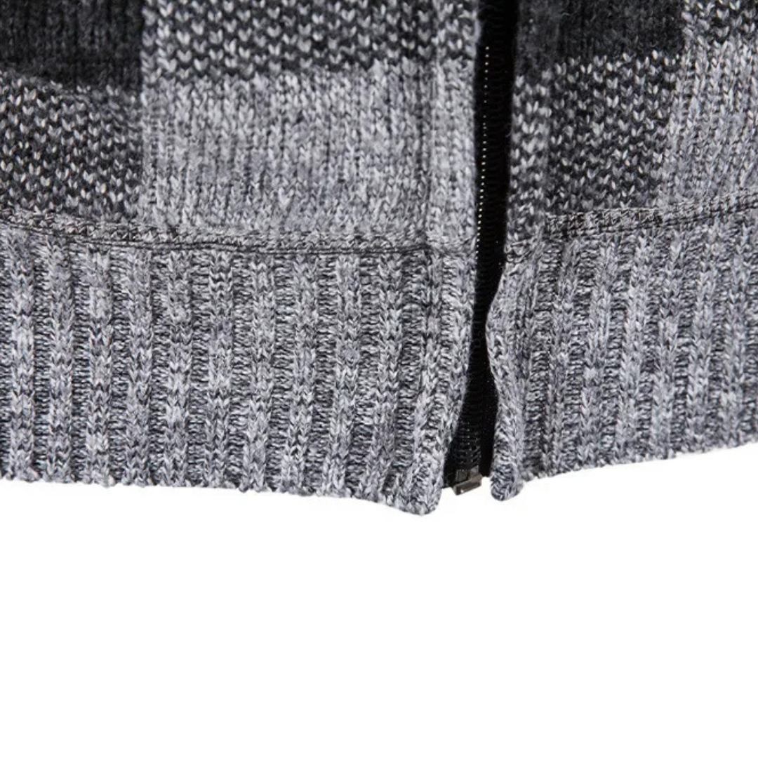 Strickjacke Herren mit Kapuze - Karo-Design - Warmes Fleecefutter