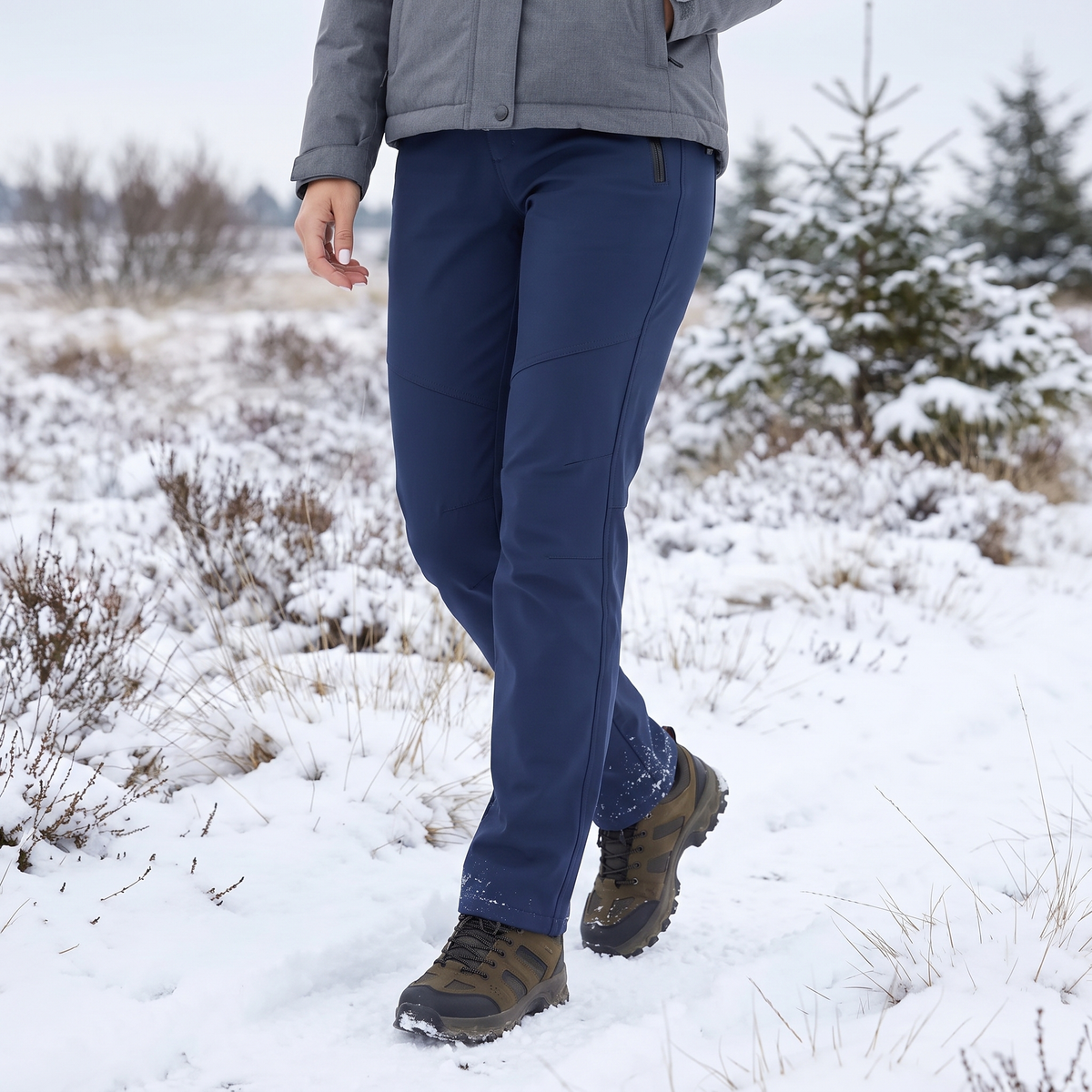 Thermohose Damen gefüttert in Marineblau beim Winterspaziergang durch die verschneite Heide
