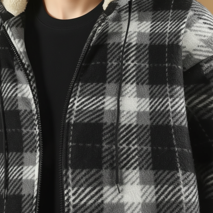 Karo-Jacke Herren schwarz-weiß mit Sherpa-Kapuze