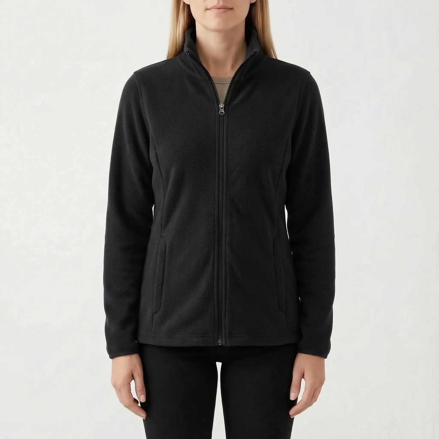 Fleece-Übergangsjacke für Damen in Schwarz mit Stehkragen