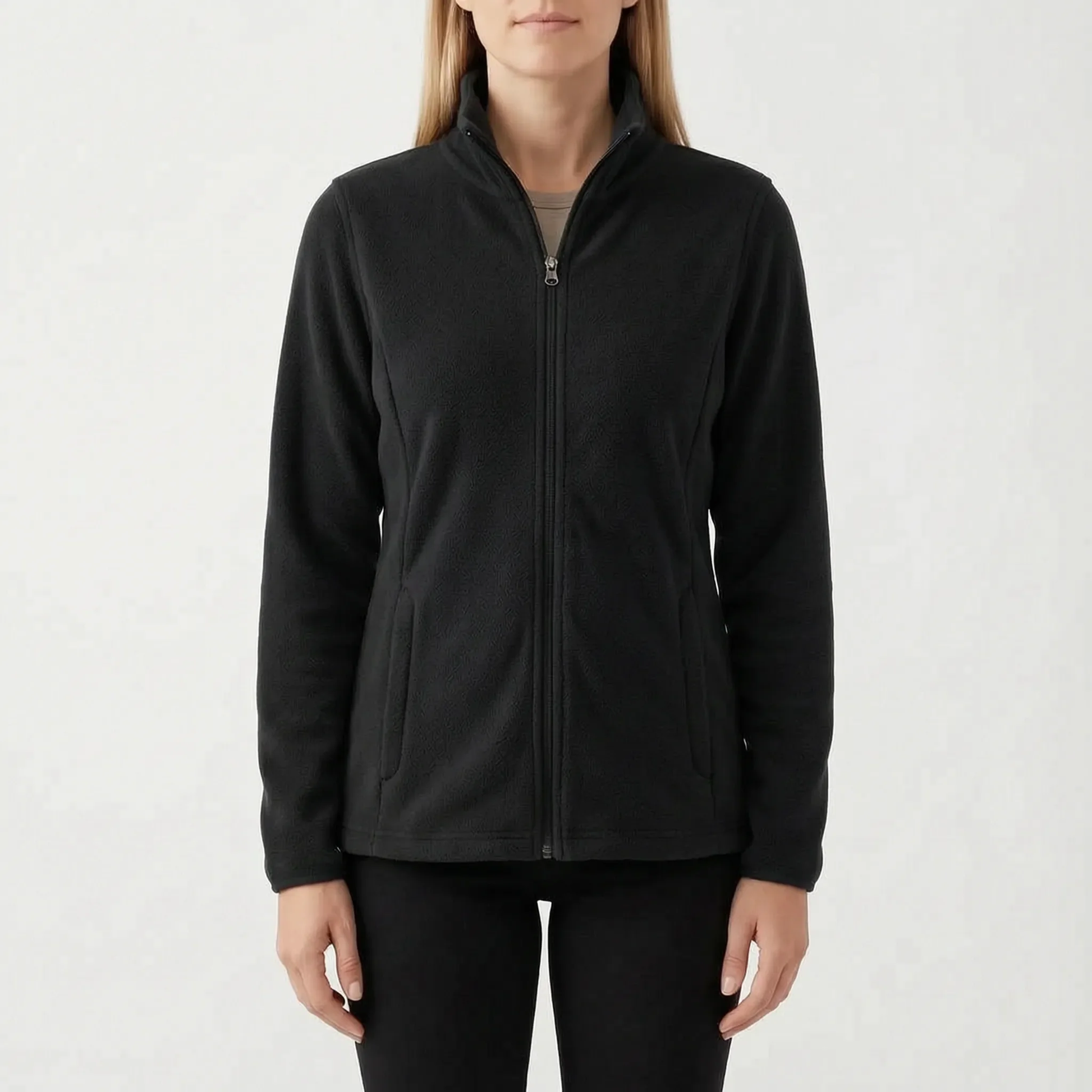 Fleece-Übergangsjacke für Damen in Schwarz mit Stehkragen