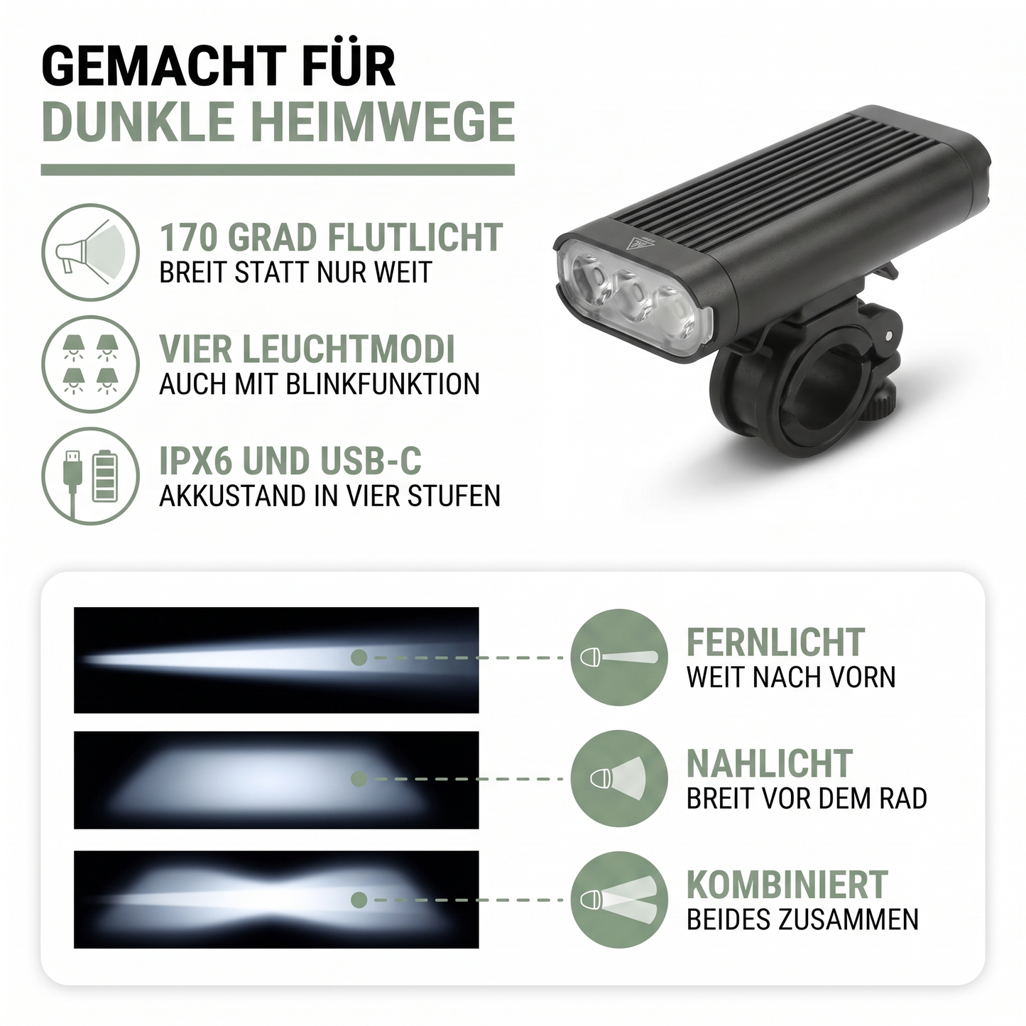 Die Leuchtmodi des Fahrradlichts: Fernlicht, Nahlicht und beide kombiniert
