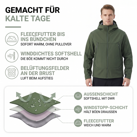 Softshelljacke Herren - Fleecefutter - Kapuze & Belüftung
