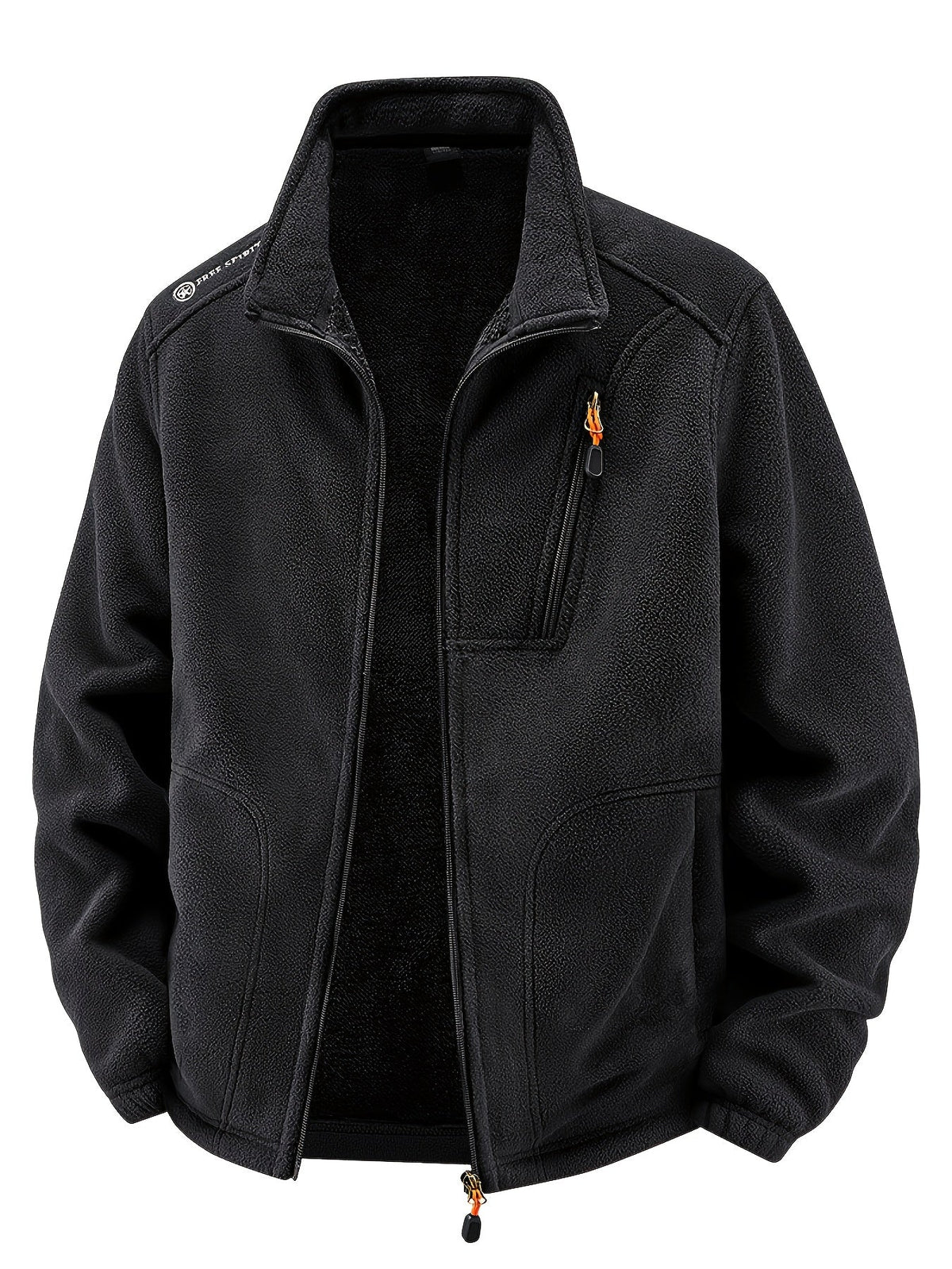 Schwarze Fleecejacke geöffnet mit sichtbarem Plüschfutter