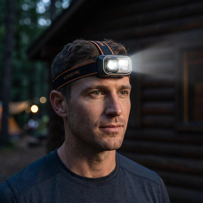 Stirnlampe im Einsatz am Abend vor einer Hütte, weißer Lichtkegel