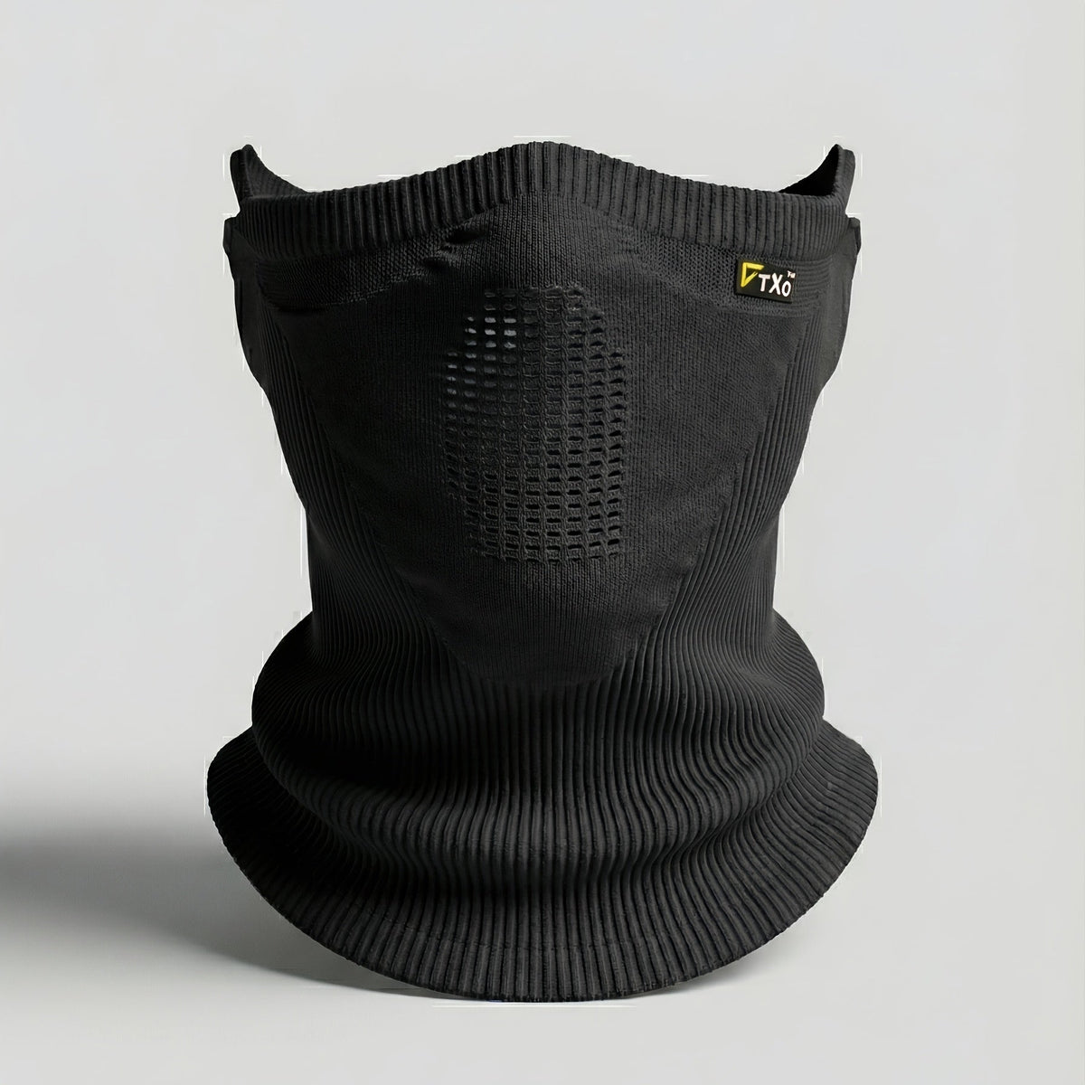 Schwarzer Strick-Schlauchschal mit Mesh-Feld und zwei Ohrschlaufen