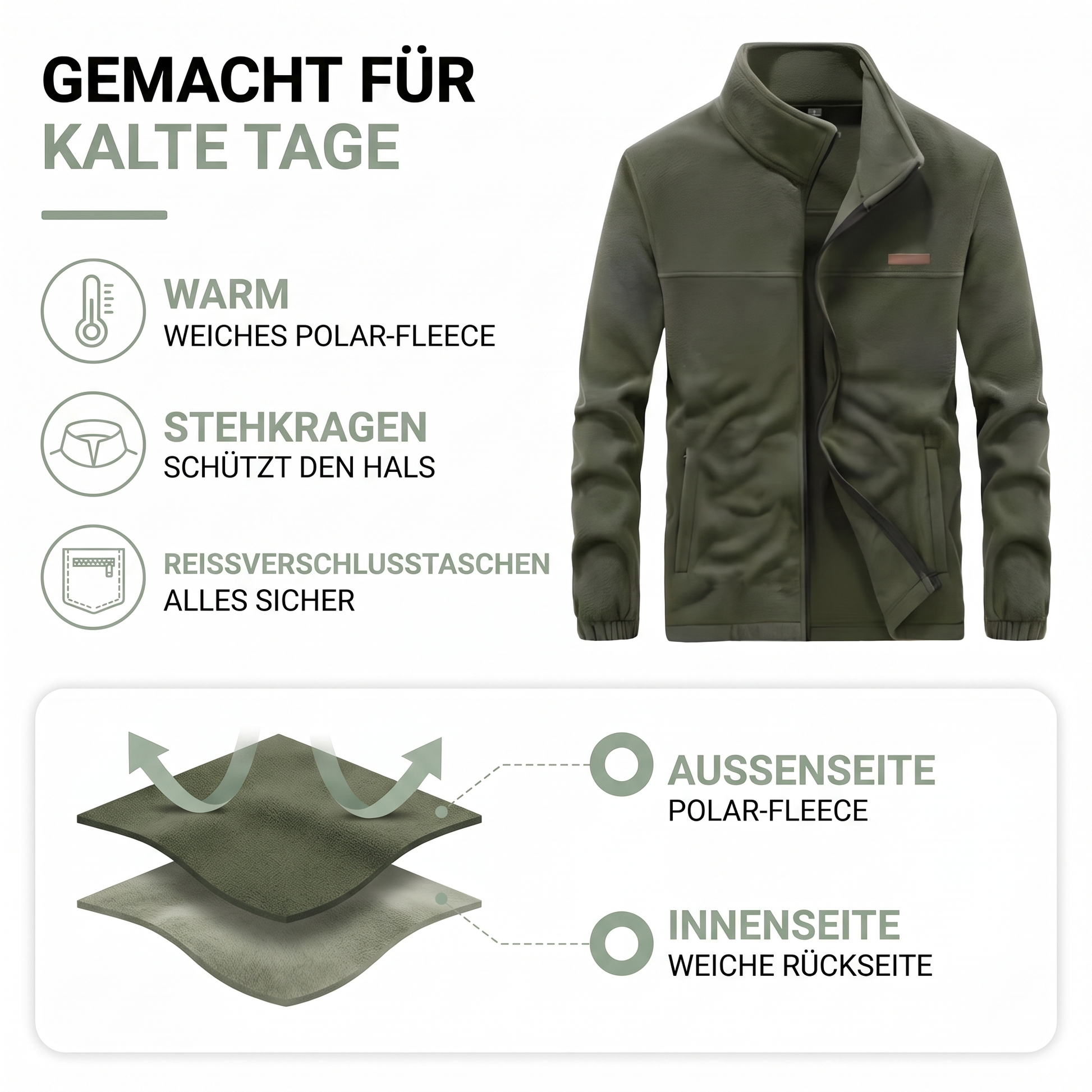 Fleecejacke Herren - Stehkragen - warme Outdoor-Jacke