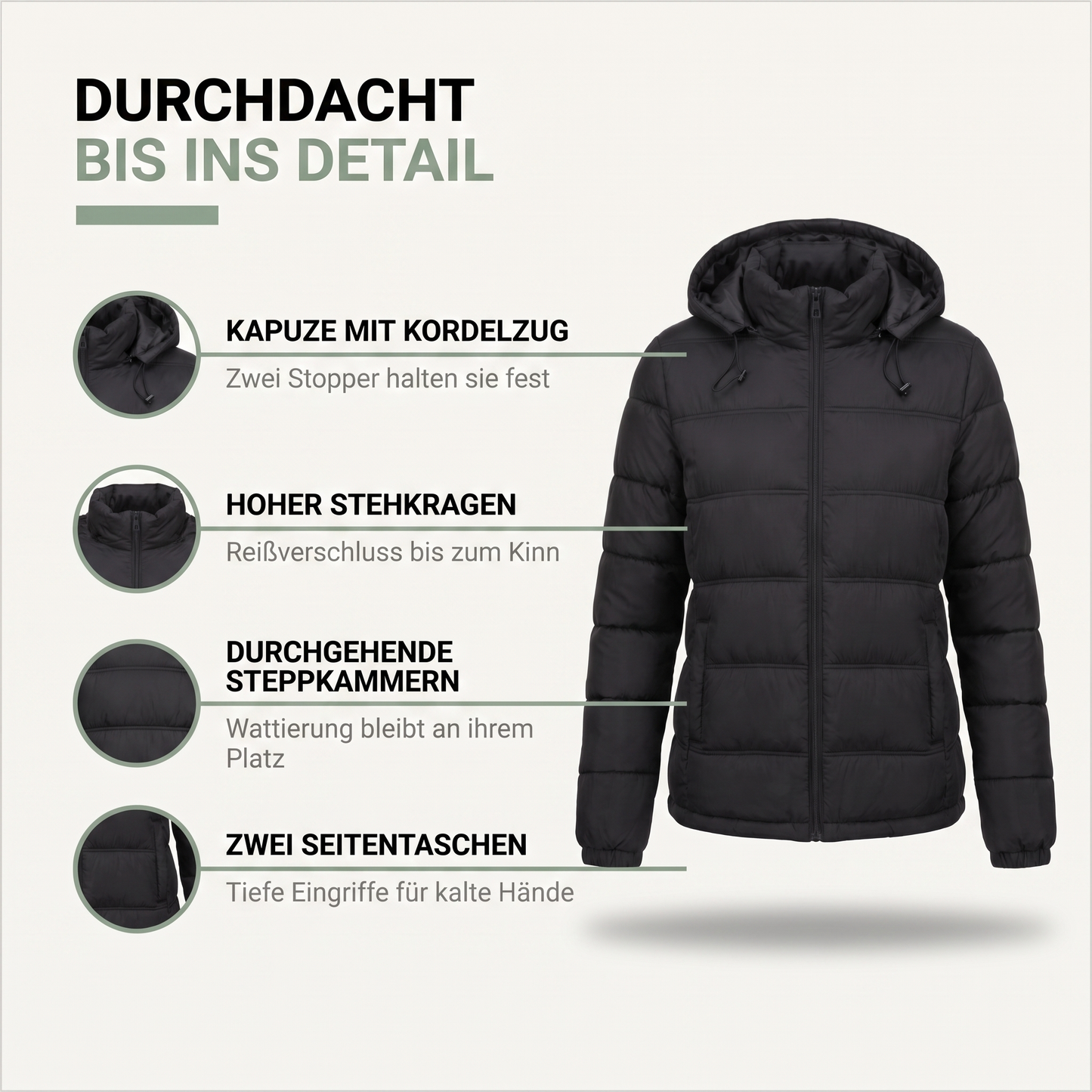 Winterjacke Damen mit Kapuze - Warm Wattiert - Kordelzug