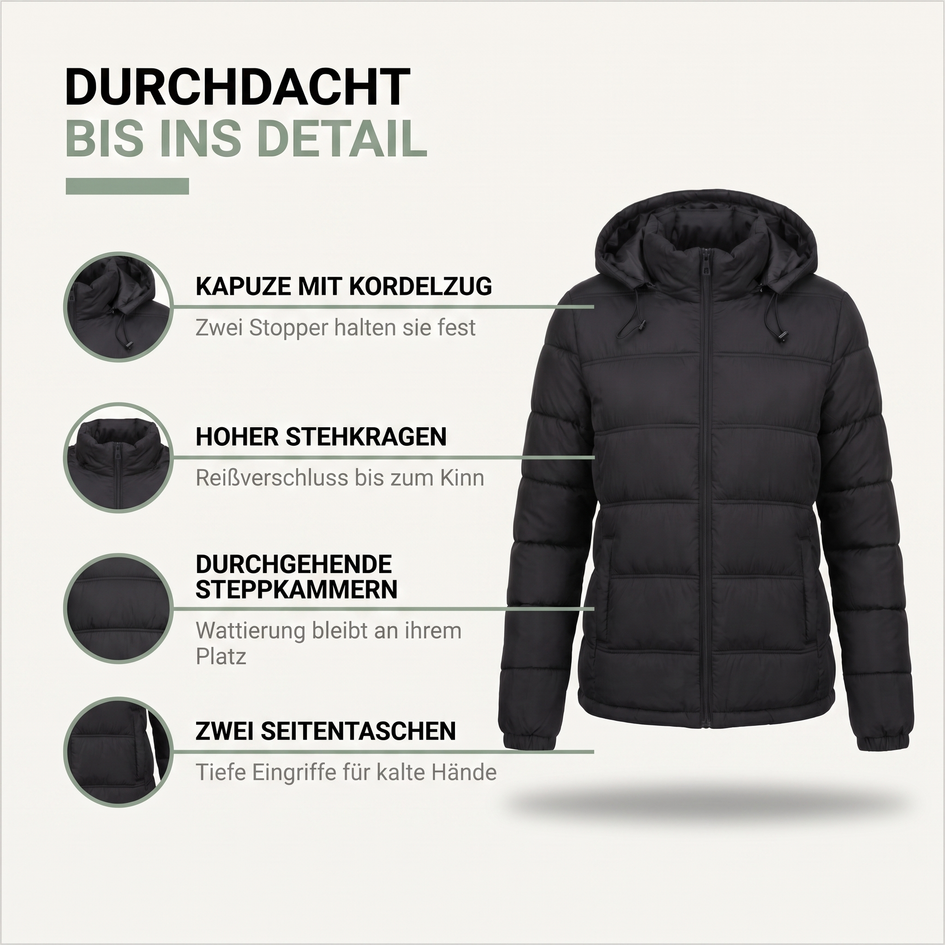Winterjacke Damen mit Kapuze - Warm Wattiert - Kordelzug