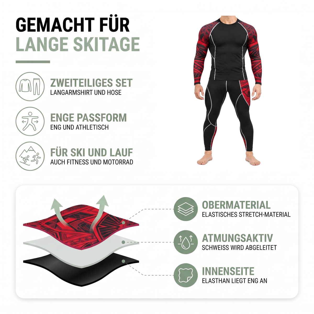 Materialaufbau der Thermounterwäsche für Herren: elastisches Stretch-Material und glatte Innenseite