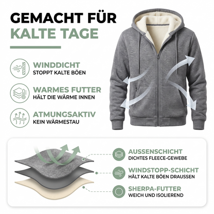 Kapuzenjacke Herren grau mit Sherpa-Futter und Zipper – warm und winddicht