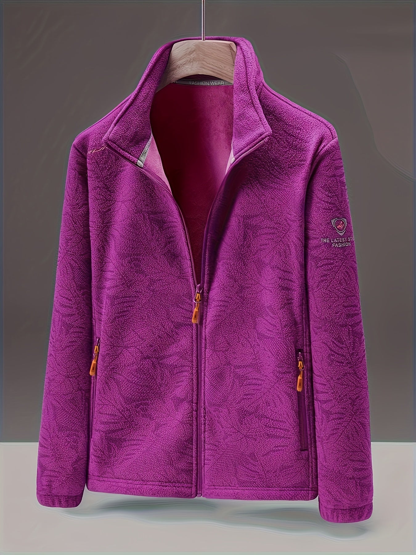 Fleecejacke Damen mit Stehkragen - Blätter-Print - Zwei Reißverschlusstaschen