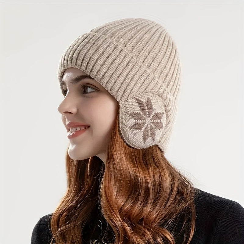 Mütze mit Ohrenklappen - Strickmütze Unisex - Schneeflockenmuster