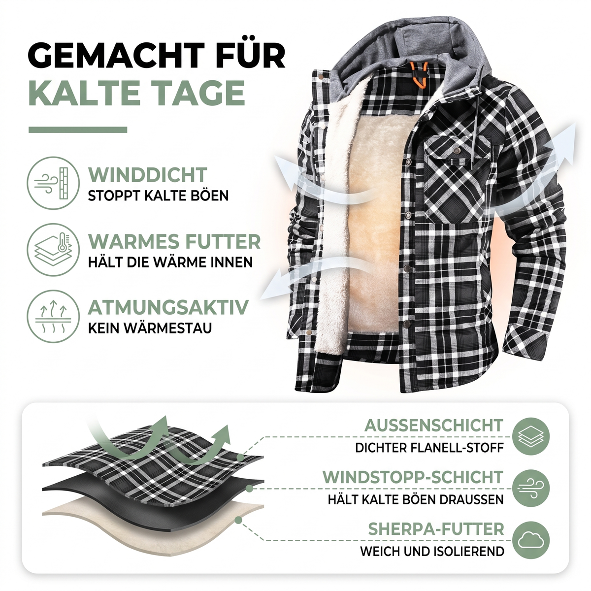 Flanelljacke Herren kariert mit Kapuze und Sherpa-Futter – warm und winddicht