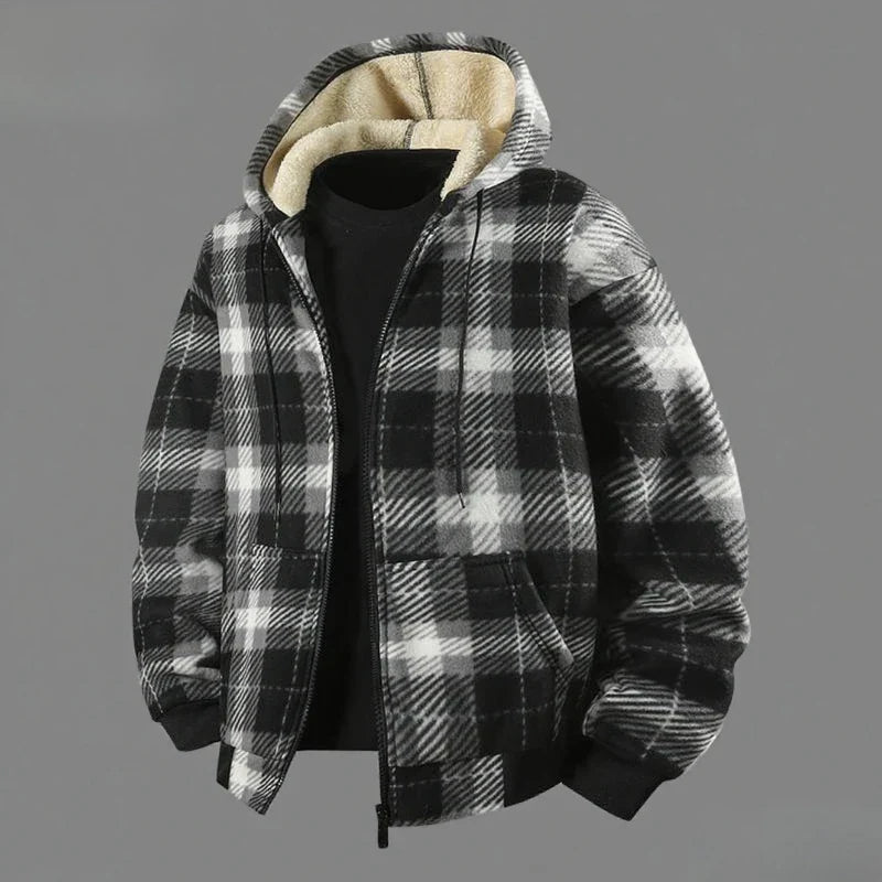 Karo-Jacke Herren schwarz-weiß mit Sherpa-Kapuze