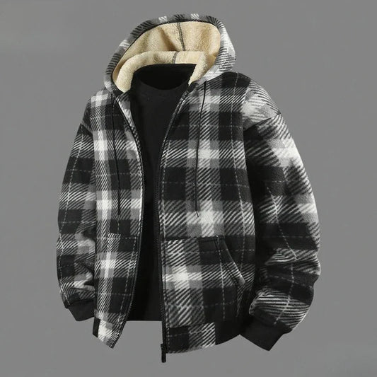 Karo-Jacke Herren schwarz-weiß mit Sherpa-Kapuze