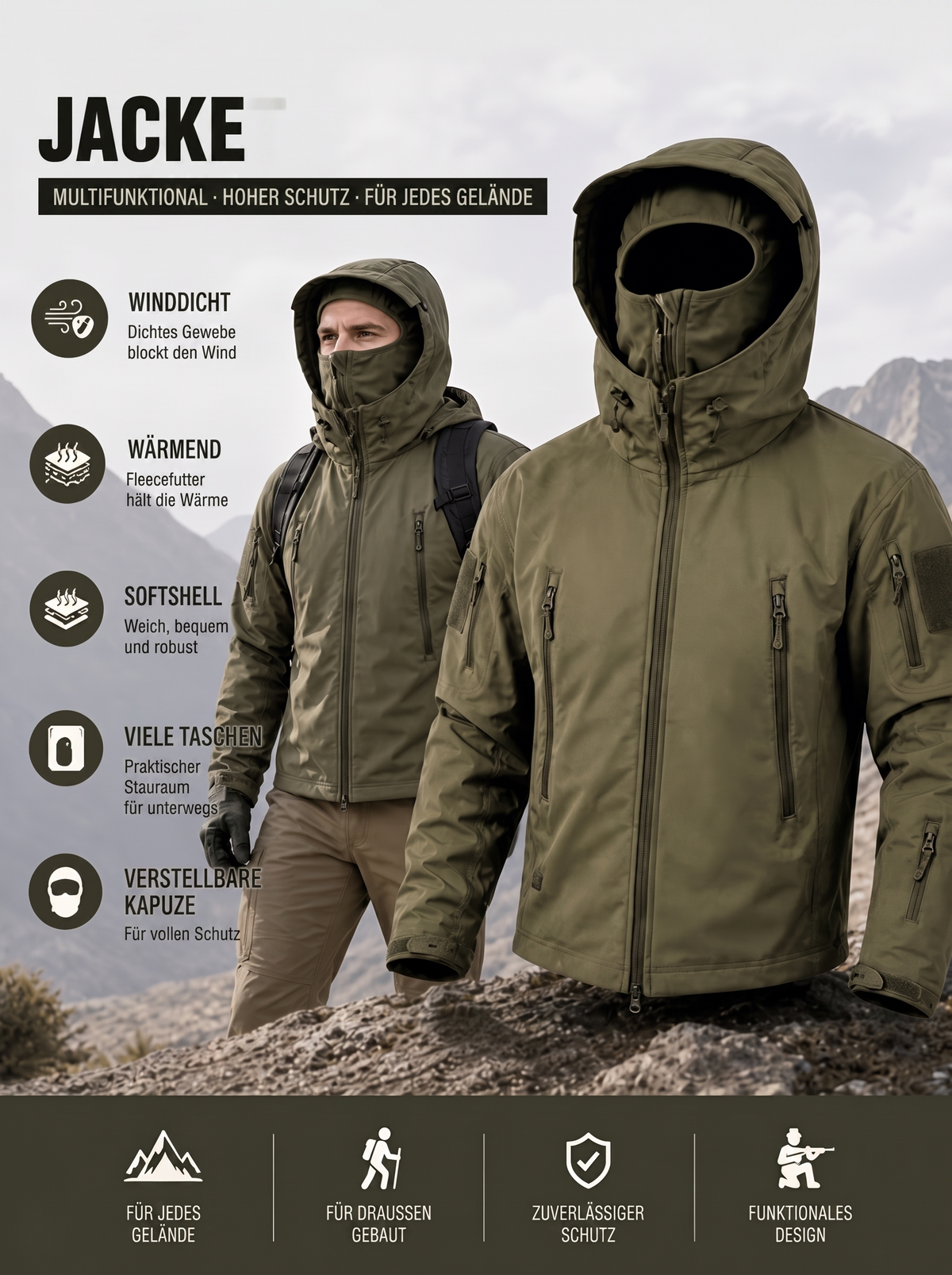 Infografik der Softshelljacke in Olivgrün: winddicht, wärmend, viele Taschen, verstellbare Kapuze