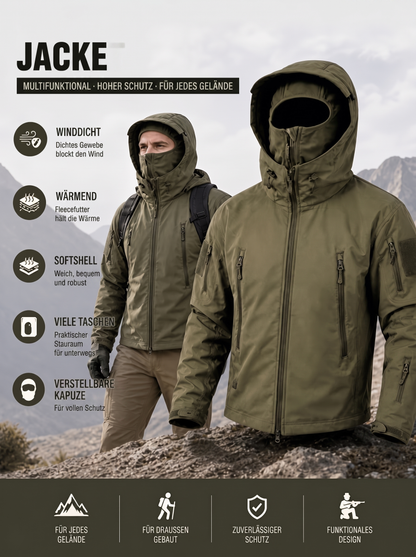 Infografik der Softshelljacke in Olivgrün: winddicht, wärmend, viele Taschen, verstellbare Kapuze