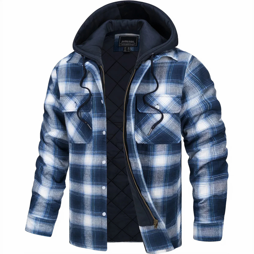 Flanelljacke Herren blau kariert mit Kapuze und Steppfutter
