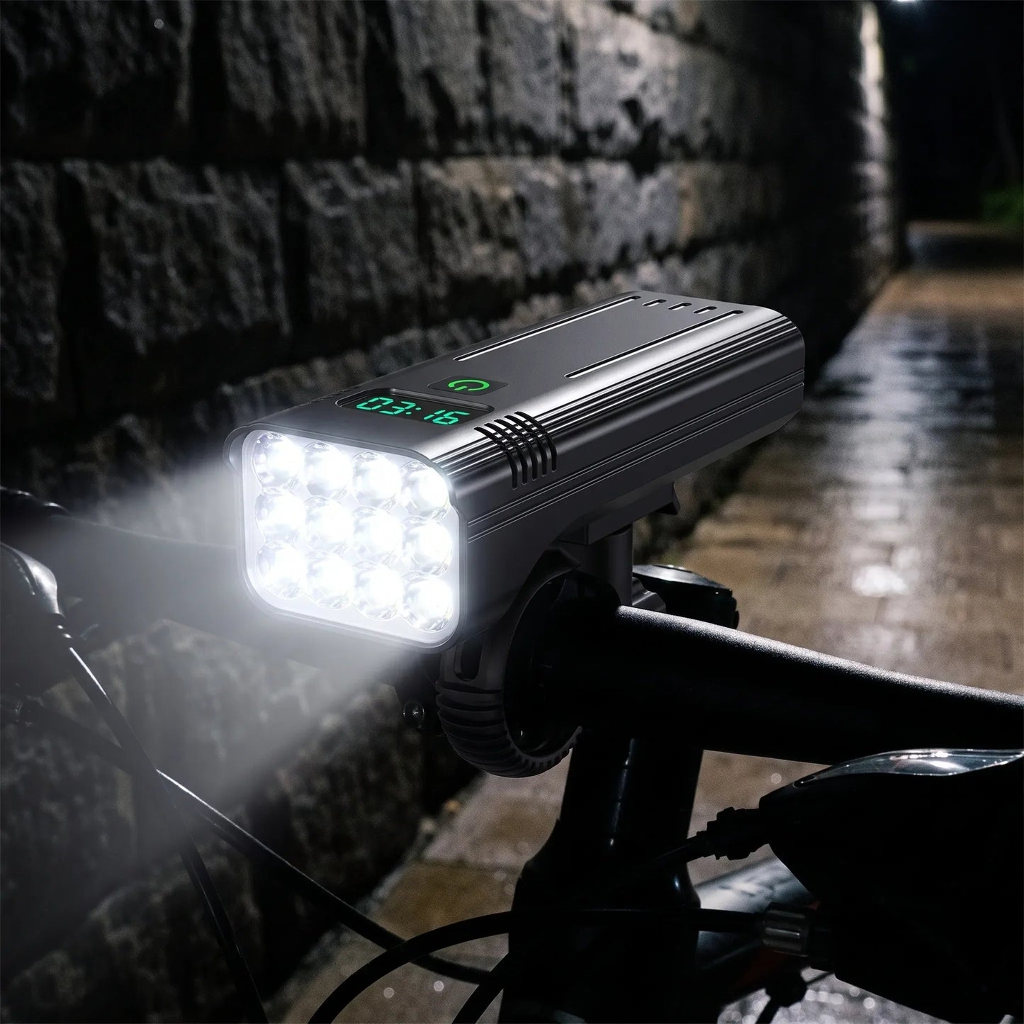 Fahrradlicht mit 12 LEDs, Digitalanzeige und 10.000-mAh-Akku mit Powerbank-Funktion