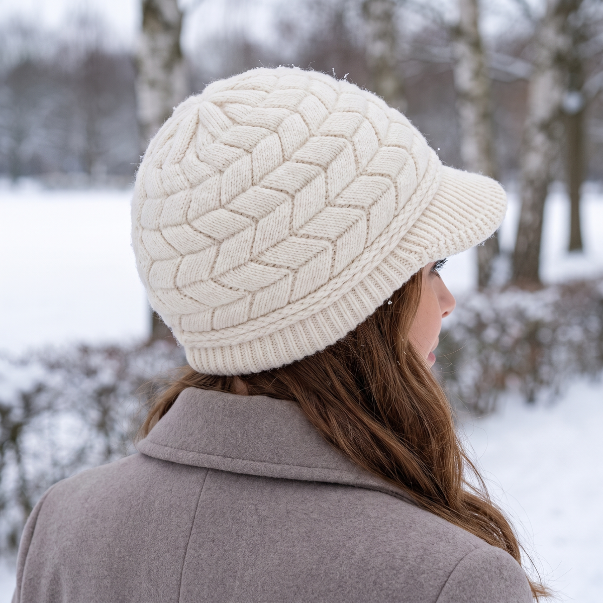 Strickmütze Damen mit Schirm in Creme im verschneiten Winterpark getragen