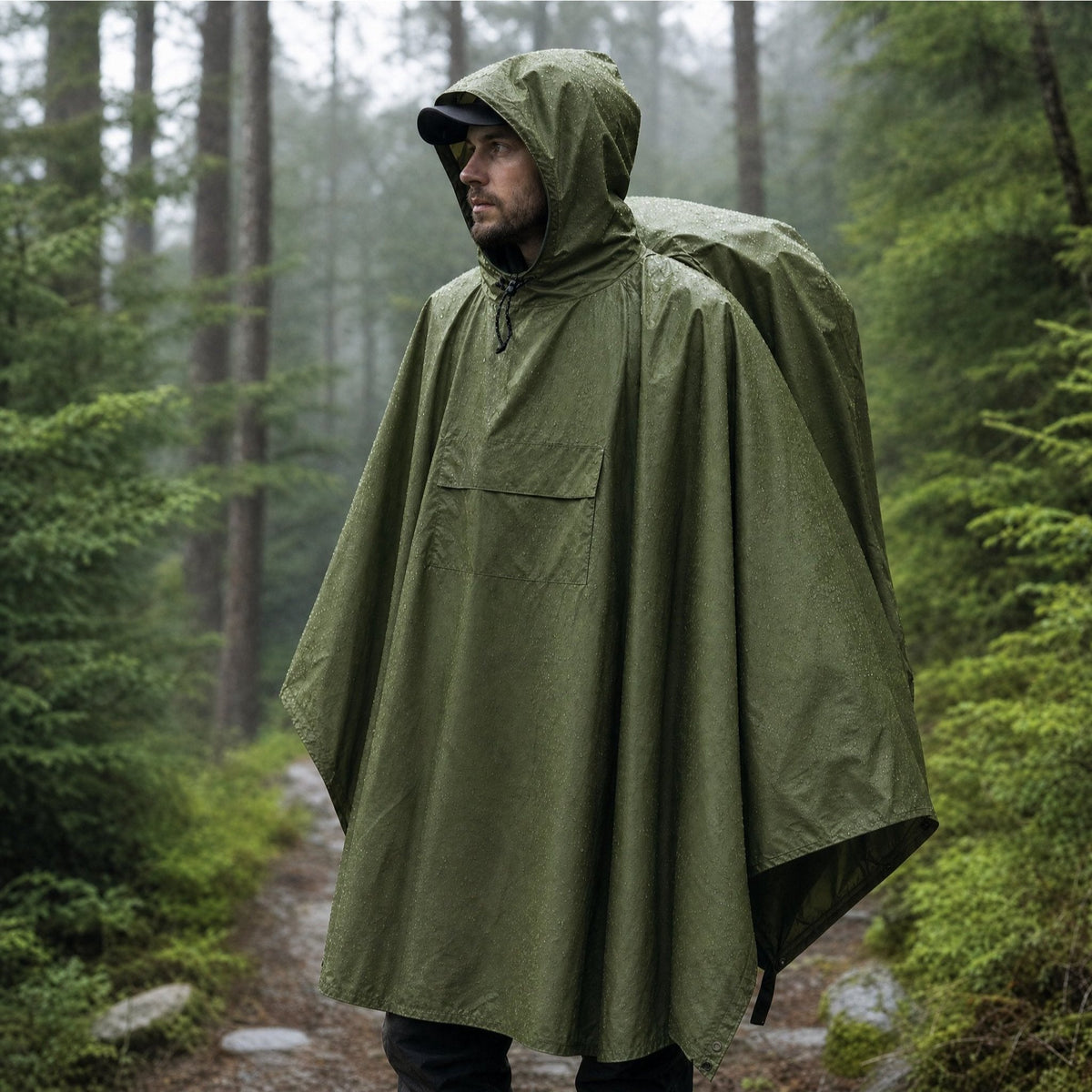 Olivgrüner Regenponcho mit Kapuze im Regen auf einem Waldweg