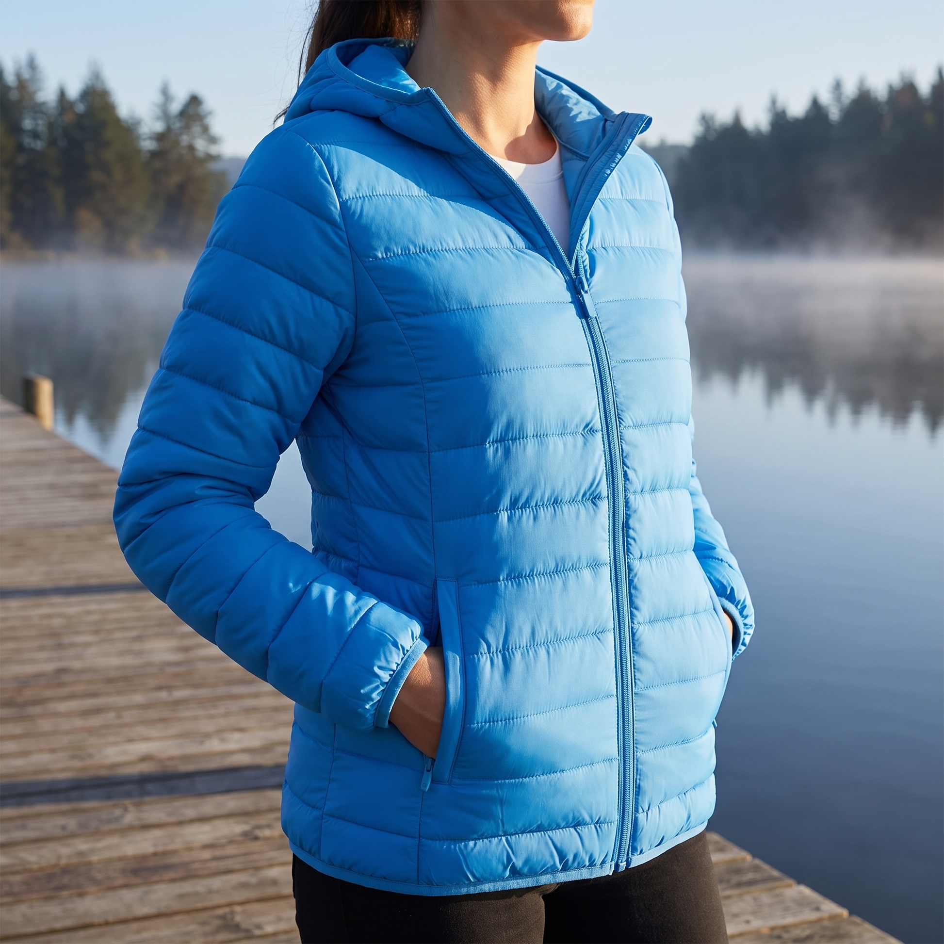 Frau in der azurblauen Steppjacke auf einem Steg am See an einem kalten Morgen