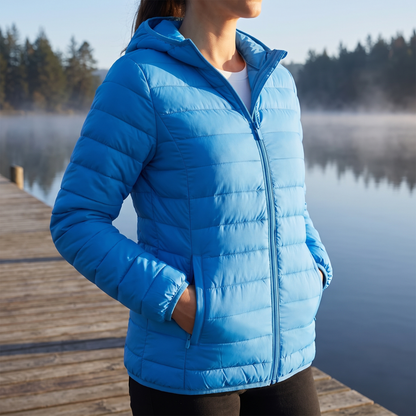 Frau in der azurblauen Steppjacke auf einem Steg am See an einem kalten Morgen