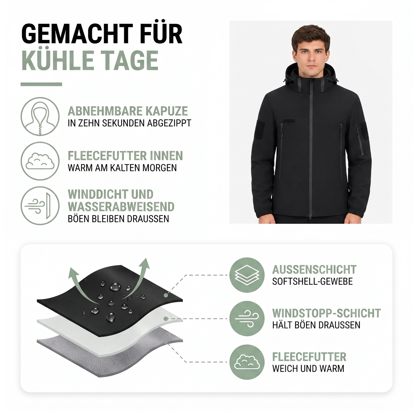 Übergangsjacke Herren - Abnehmbare Kapuze - Fleecefutter
