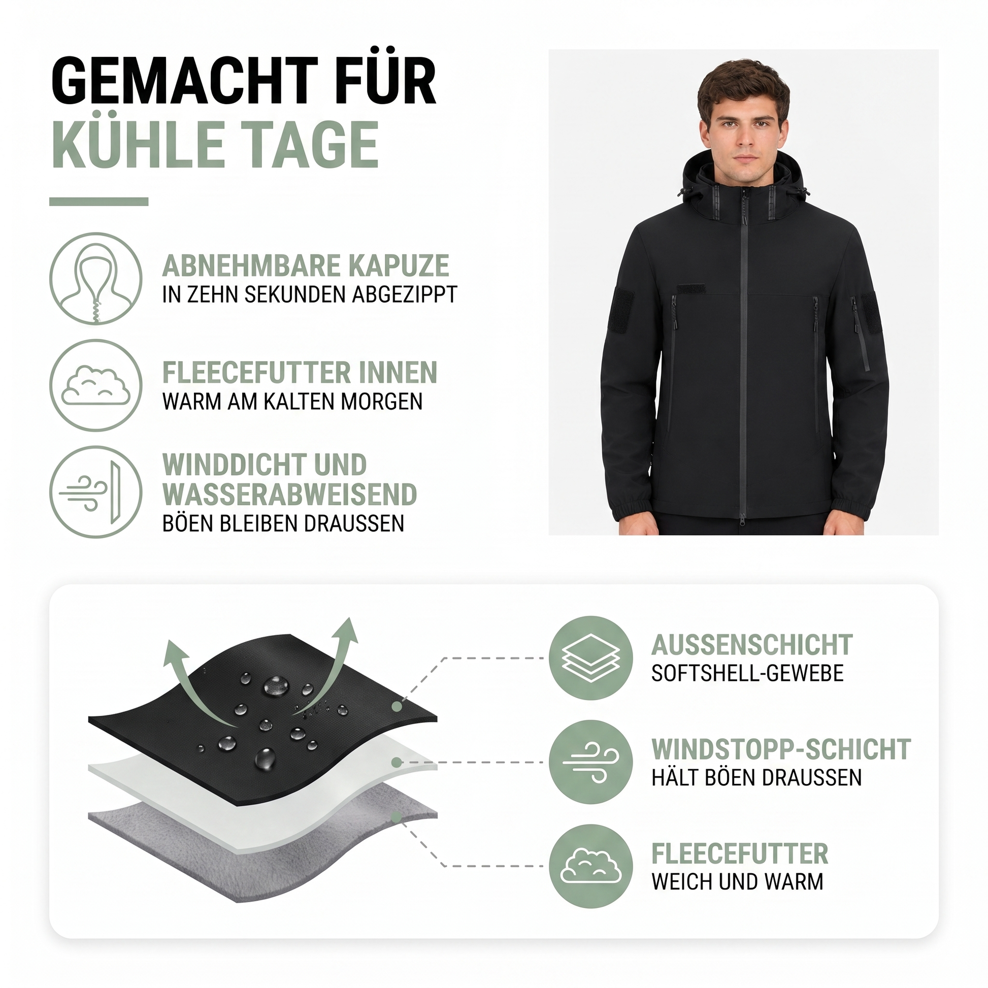Übergangsjacke Herren - Abnehmbare Kapuze - Fleecefutter