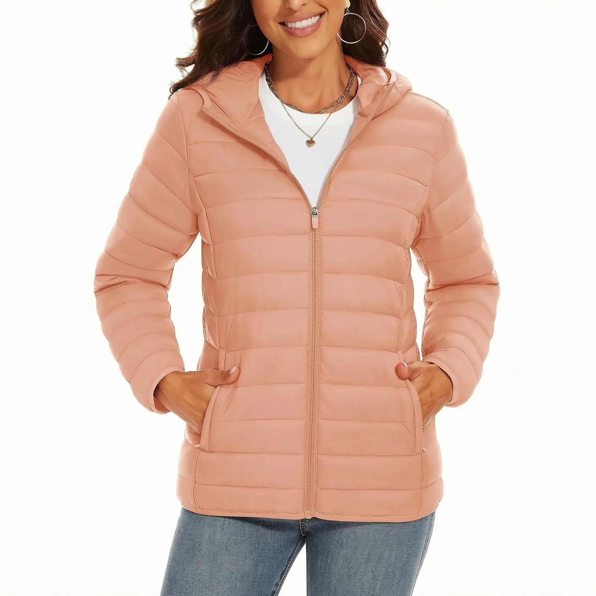 Leichte Steppjacke für Damen in Apricot mit Kapuze und Reißverschlusstaschen