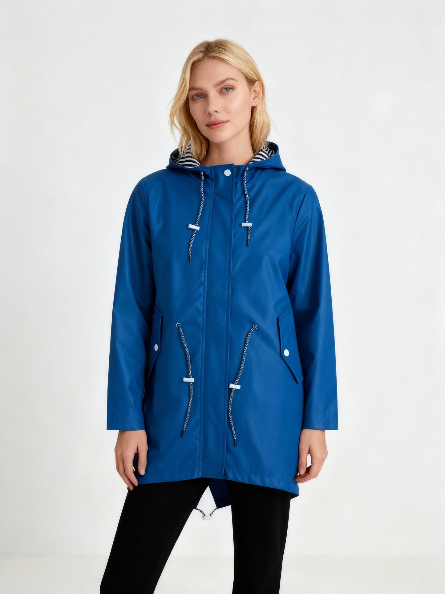 Regenjacke Damen - Mittellang mit Kapuze - Fischschwanz-Saum