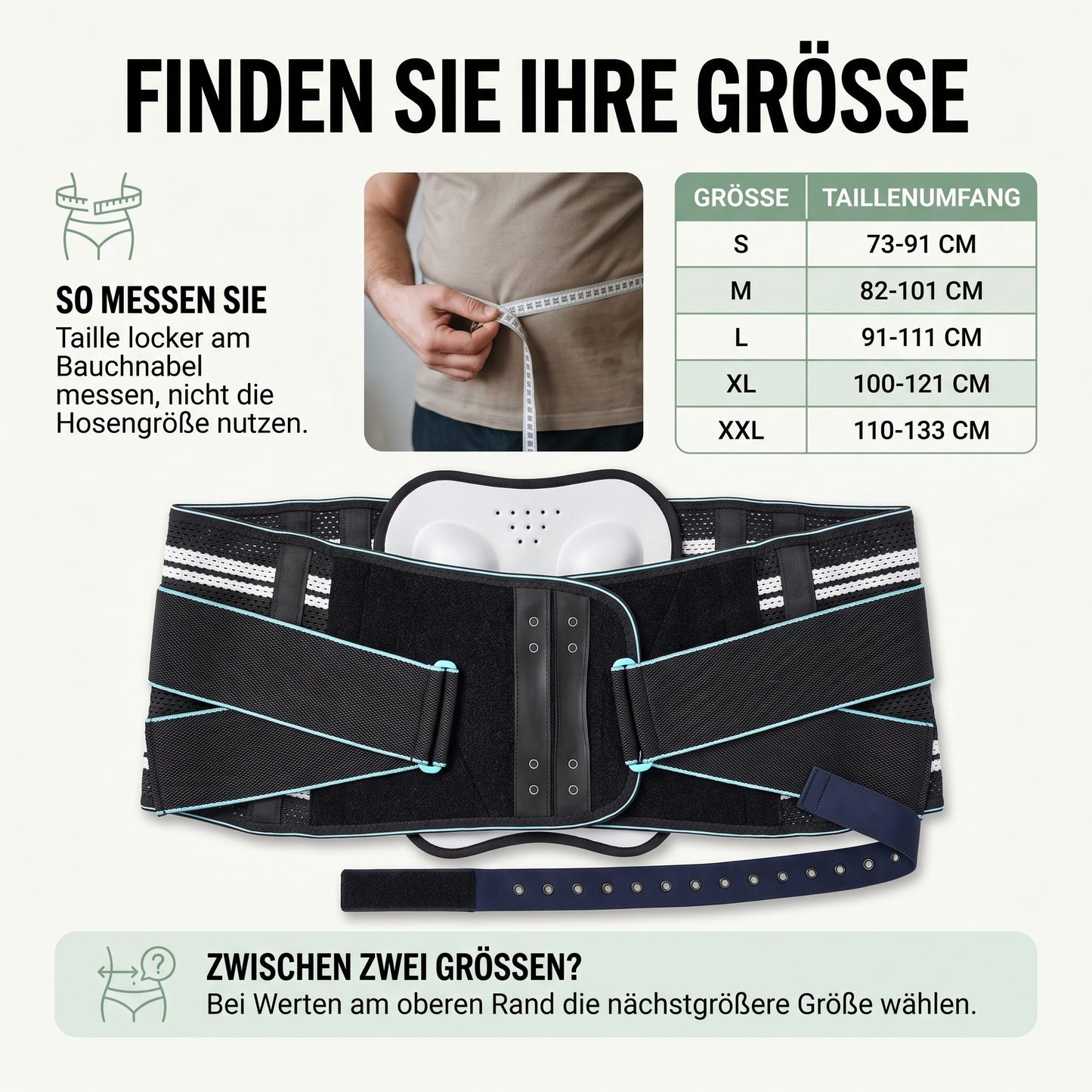 Rückenbandage mit Massage-Pad - Atmungsaktiv & Verstellbar - Inkl. Verlängerungsgurt - Groessentabelle und Anwendung
