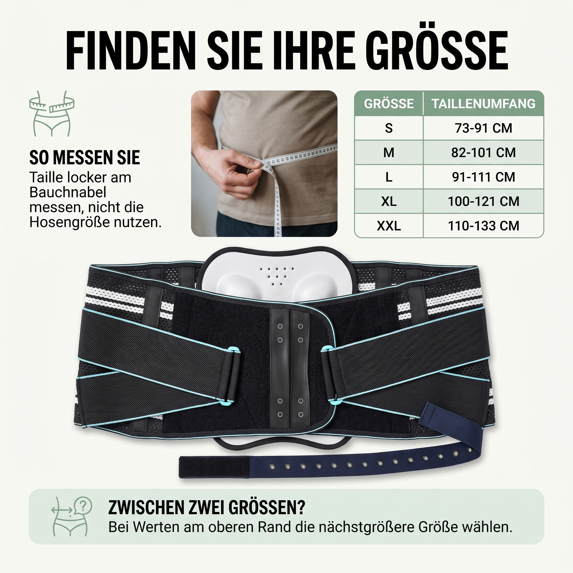 Rückenbandage mit Massage-Pad - Atmungsaktiv & Verstellbar - Inkl. Verlängerungsgurt - Groessentabelle und Anwendung