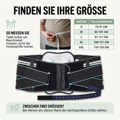 Rückenbandage mit Massage-Pad - Atmungsaktiv & Verstellbar - Inkl. Verlängerungsgurt - Groessentabelle und Anwendung