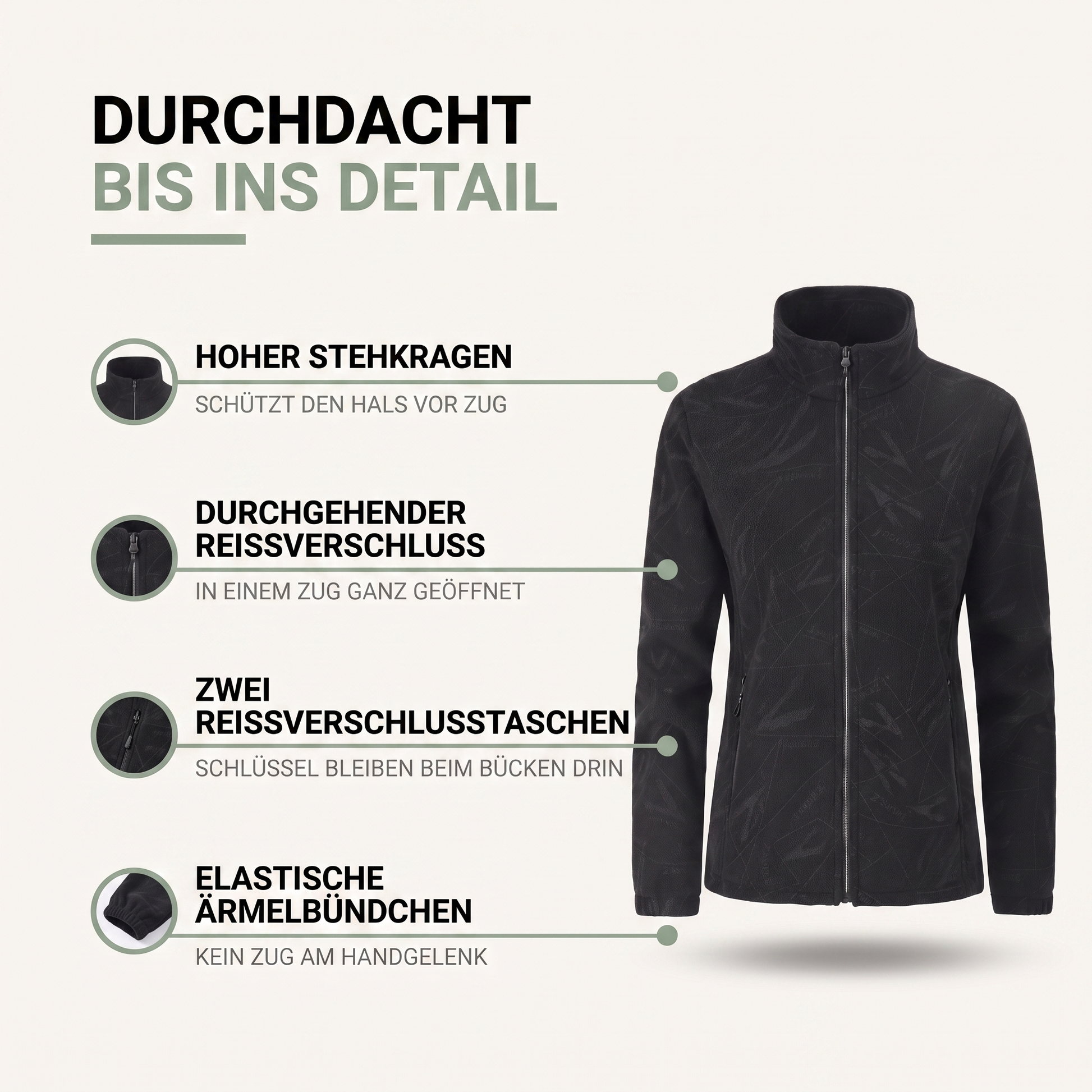 Übergangsjacke Damen - Weiches Fleece mit Stehkragen - Zwei Reißverschlusstaschen