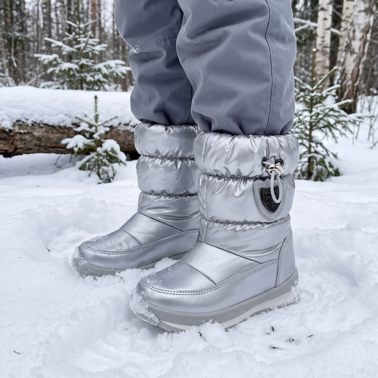 Winterschuhe Kinder in Silber beim Stehen im tiefen Schnee am Waldrand